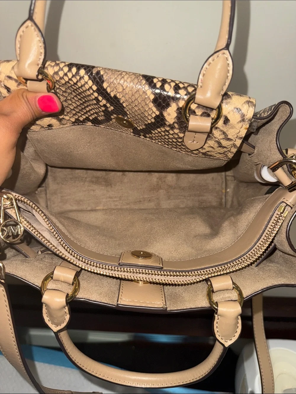 Michael Kors Tan Snake-Print Satchel with Gold Hardware